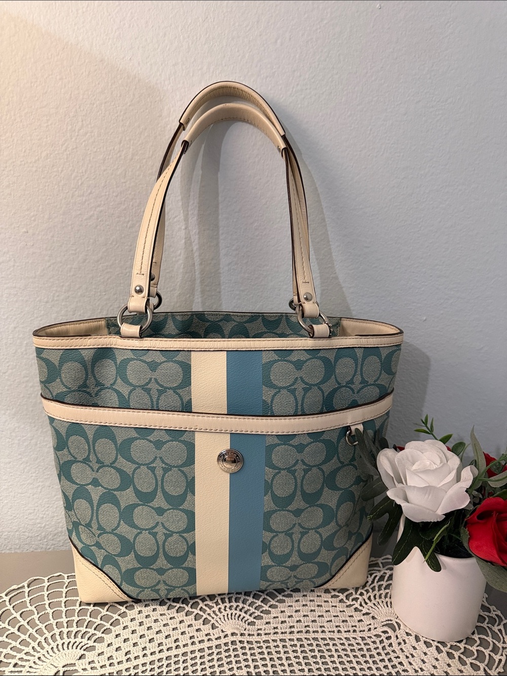 Coach Chelsea Teal and Cream Signature Stripe Tote.